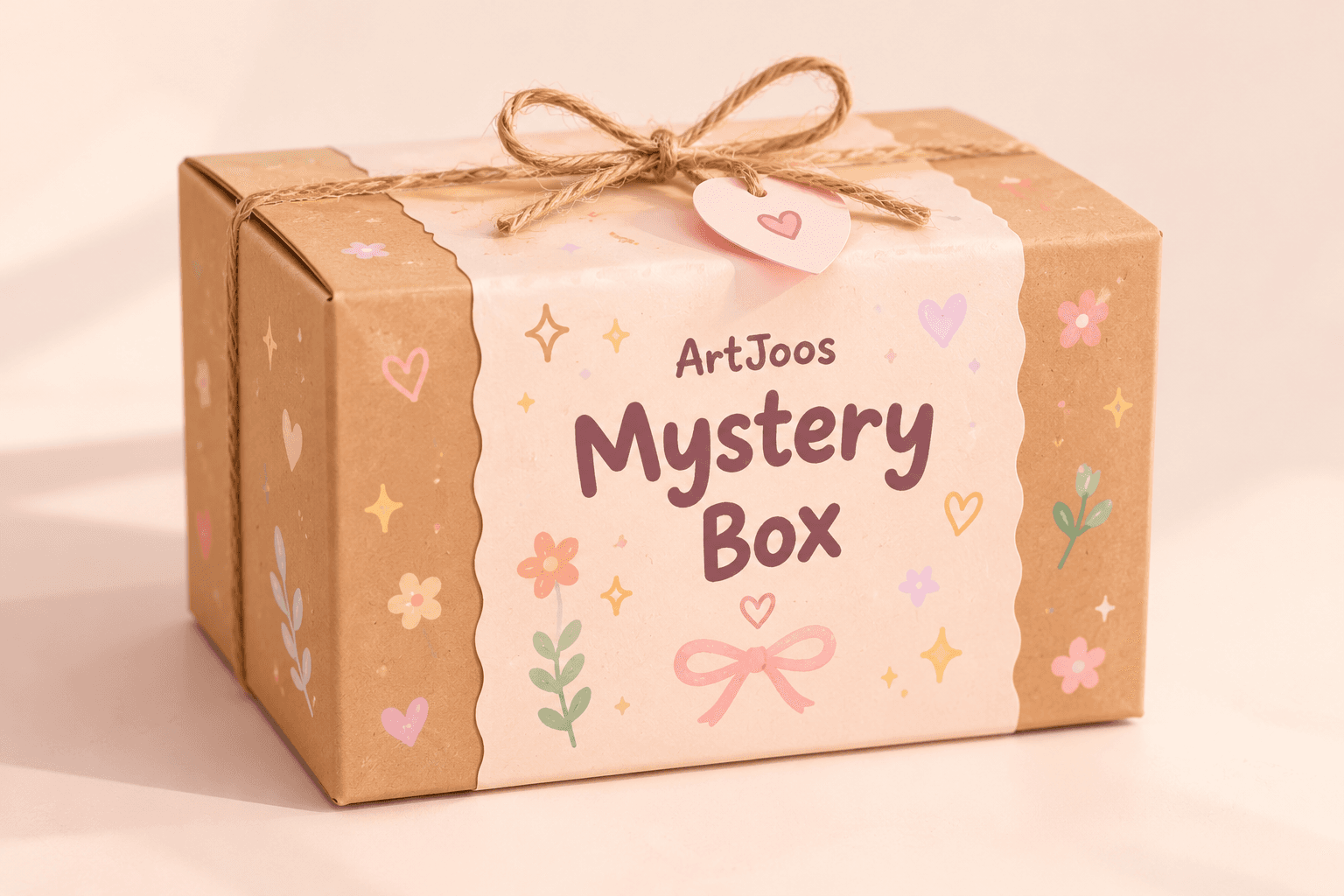 ArtJoos Mystery Box — kraft gift box with blush ribbon and handmade details