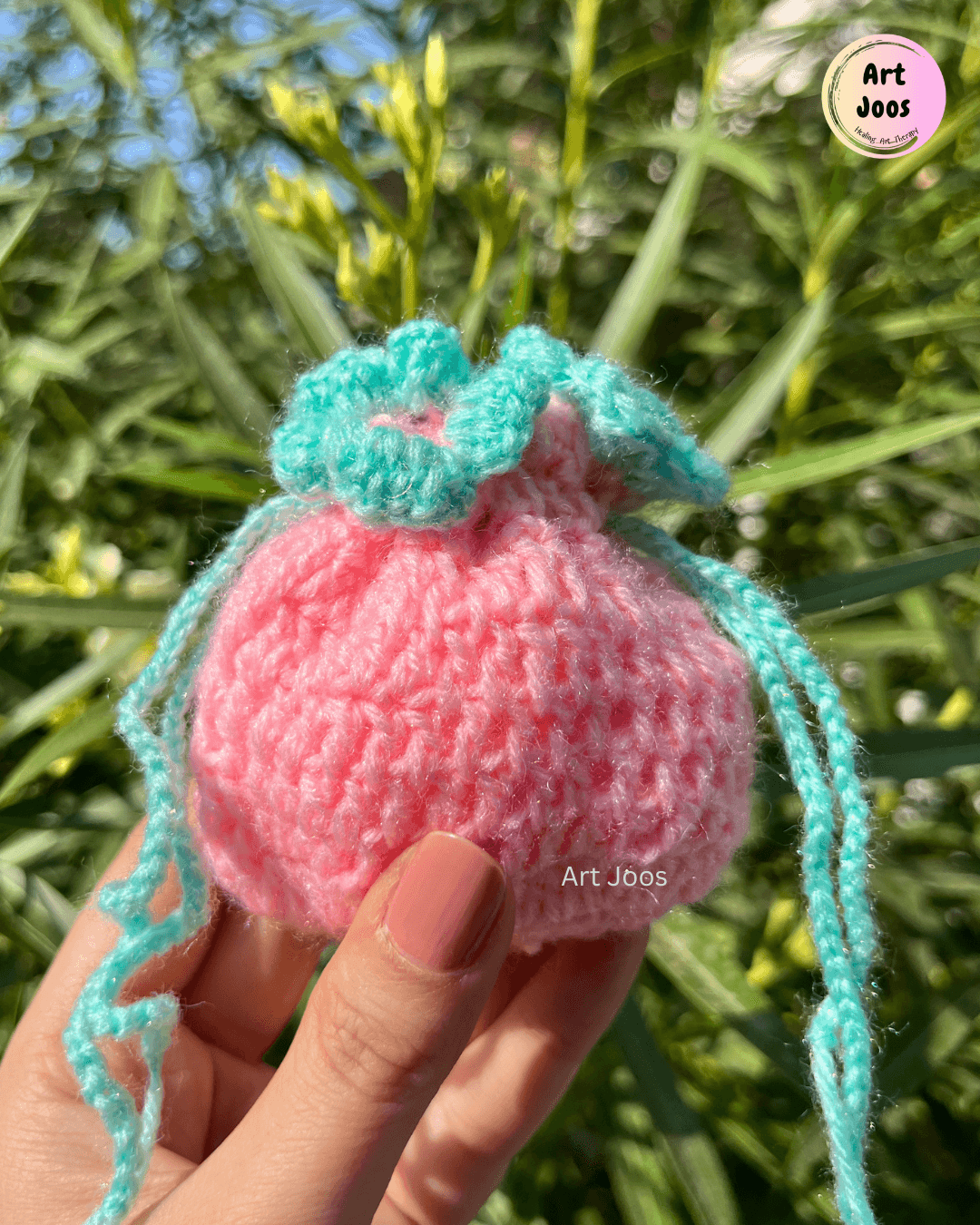 Cotton Candy Crochet Pouch – Pink and Aqua Drawstring Bag